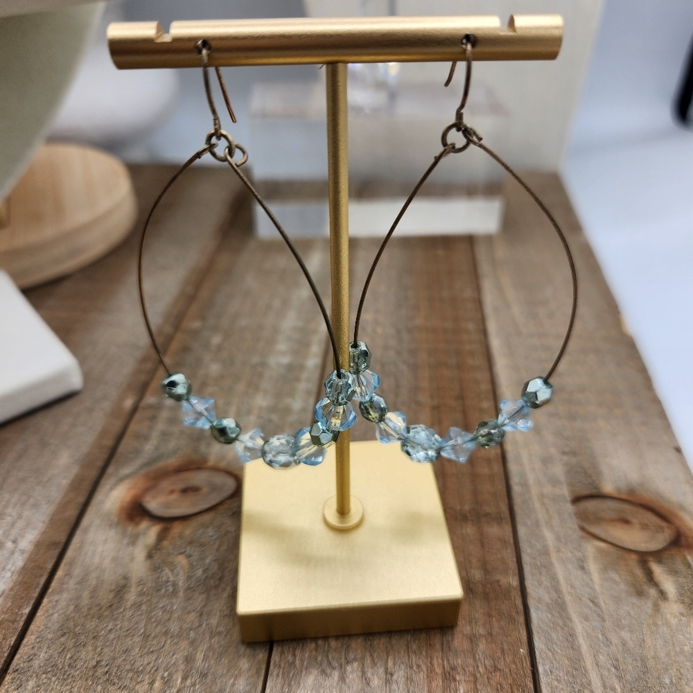 Green Beaded Hangar Earrings • Teal & Gray